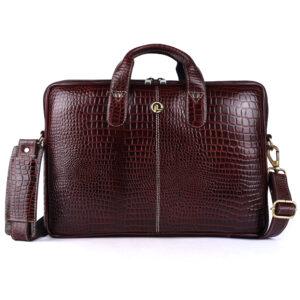 klauss 14 inch brown croco print leather laptop bag – single compartment