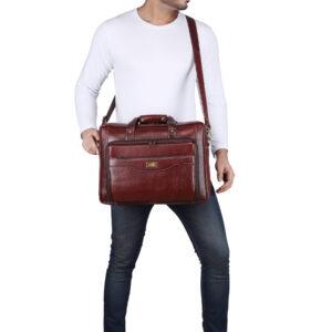 klauss executive 16 inch genuine leather briefcase double compartment & signature pocke brownt