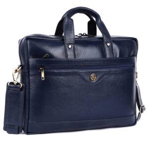 klauss 16 inch brown leather laptop bag – single compartment blue